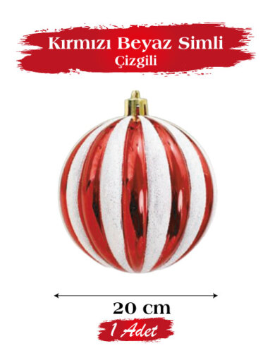 Yılbaşı Top Süs 20 Cm Beyaz Çizgili Simli Kırmızı - 1