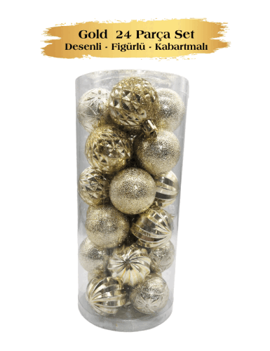 Yılbaşı Top Süs 4 Cm 24 Parça Set Desenli Altın - 2