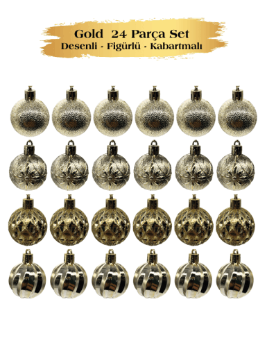 Yılbaşı Top Süs 4 Cm 24 Parça Set Desenli Altın - 3