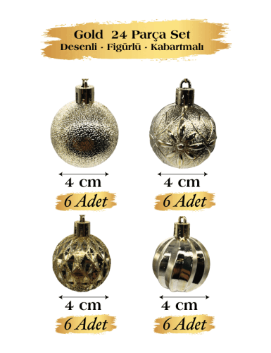 Yılbaşı Top Süs 4 Cm 24 Parça Set Desenli Altın - 1