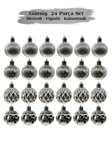 Yılbaşı Top Süs 4 Cm 24 Parça Set Desenli Gümüş - 2