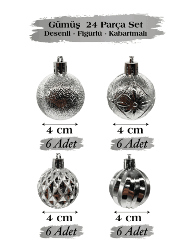 Yılbaşı Top Süs 4 Cm 24 Parça Set Desenli Gümüş - 1