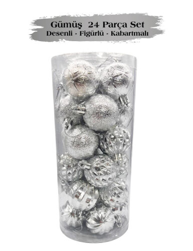 Yılbaşı Top Süs 4 Cm 24 Parça Set Desenli Gümüş - 3