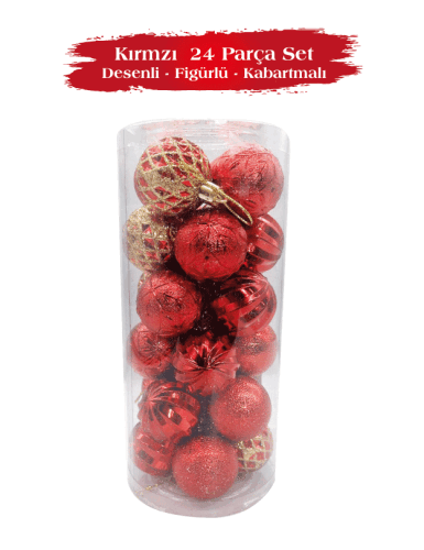 Yılbaşı Top Süs 4 Cm 24 Parça Set Desenli Kırmızı - 2