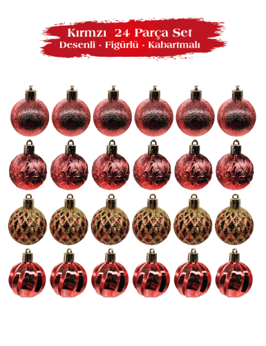 Yılbaşı Top Süs 4 Cm 24 Parça Set Desenli Kırmızı - 3