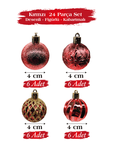 Yılbaşı Top Süs 4 Cm 24 Parça Set Desenli Kırmızı - 1