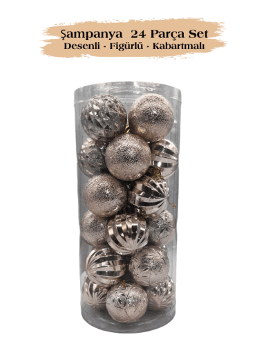 Yılbaşı Top Süs 4 Cm 24 Parça Set Desenli Şampanya - 2