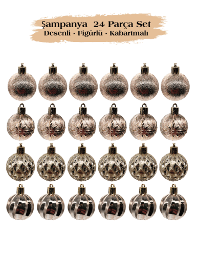 Yılbaşı Top Süs 4 Cm 24 Parça Set Desenli Şampanya - 3