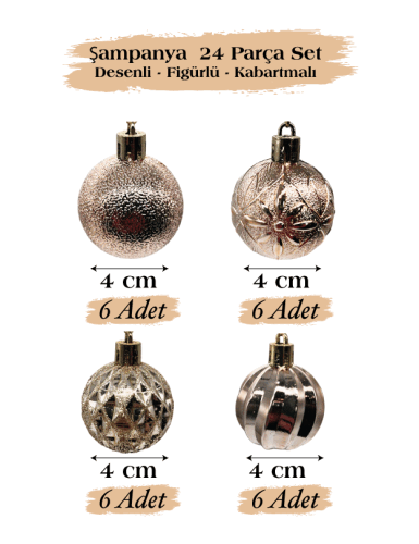 Yılbaşı Top Süs 4 Cm 24 Parça Set Desenli Şampanya - 1