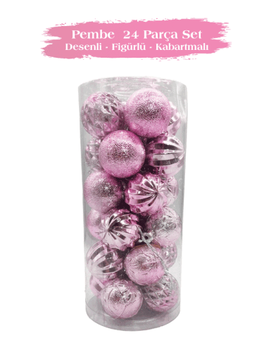 Yılbaşı Top Süs 4 Cm 24 Parça Set Desenli Pembe - 2