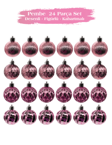 Yılbaşı Top Süs 4 Cm 24 Parça Set Desenli Pembe - 3