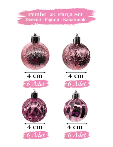 Yılbaşı Top Süs 4 Cm 24 Parça Set Desenli Pembe - 1