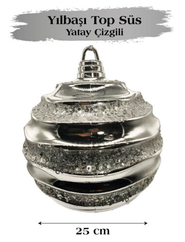 Yılbaşı Top Süs 25 Cm Simli Yatay Çizgili Model - 