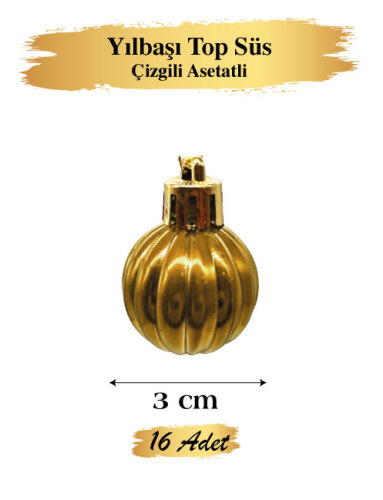 Yılbaşı Top Süs 3 cm Çizgili Altın Asetatlı 12 Parça - 