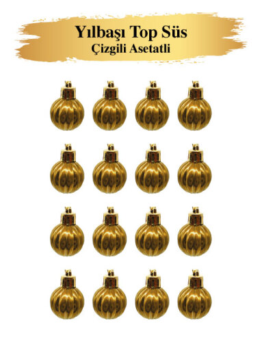 Yılbaşı Top Süs 3 cm Çizgili Altın Asetatlı 12 Parça - 2