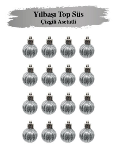 Yılbaşı Top Süs 3 cm Çizgili Gümüş Asetatlı 12 Parça - 2