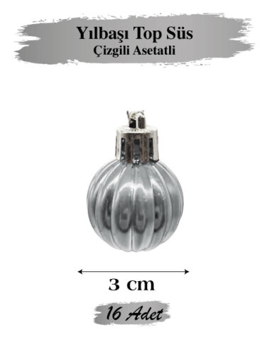 Yılbaşı Top Süs 3 cm Çizgili Gümüş Asetatlı 12 Parça - 