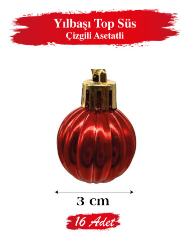 Yılbaşı Top Süs 3 cm Çizgili Kırmızı Asetatlı 12 Parça - 