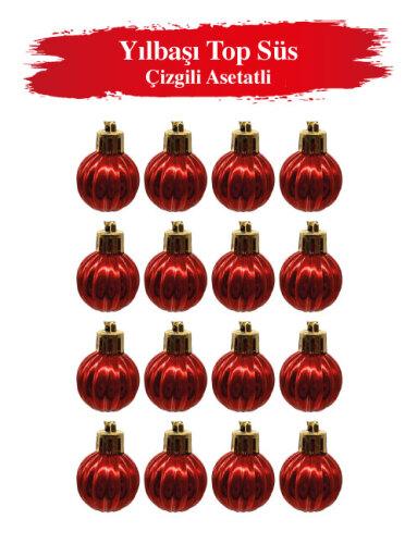 Yılbaşı Top Süs 3 cm Çizgili Kırmızı Asetatlı 12 Parça - 2