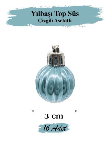 Yılbaşı Top Süs 3 cm Çizgili Mavi Asetatlı 12 Parça - 