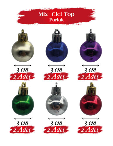 Yılbaşı Top Süs 3 Cm Mat Parlak 12 Parça Karışık - 1