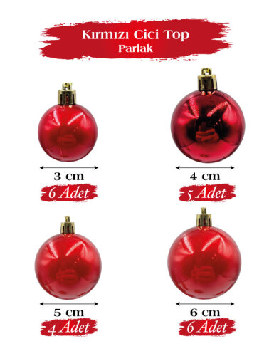 Yılbaşı Top Süs 4-5-6-8 Cm 18 Parça Krom Kırmızı - 1
