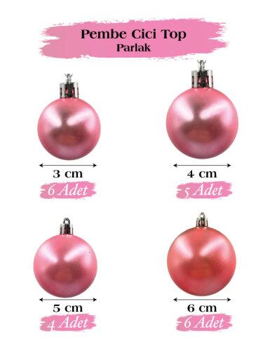 Yılbaşı Top Süs 4-5-6-8 Cm 18 Parça Krom Pembe - 1