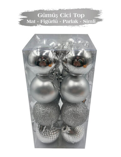 Yılbaşı Top Süs 4 Cm 16 Parça Karışık Desenli Gümüş - 2