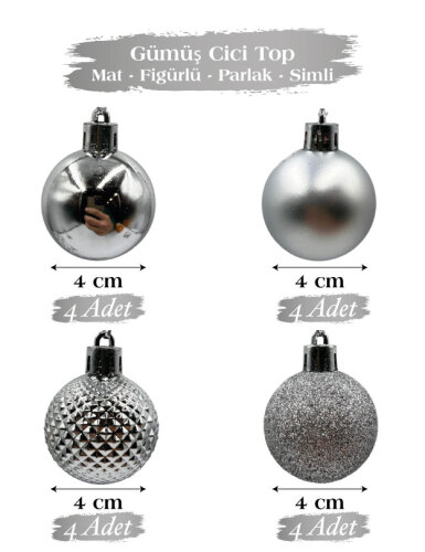 Yılbaşı Top Süs 4 Cm 16 Parça Karışık Desenli Gümüş - 1