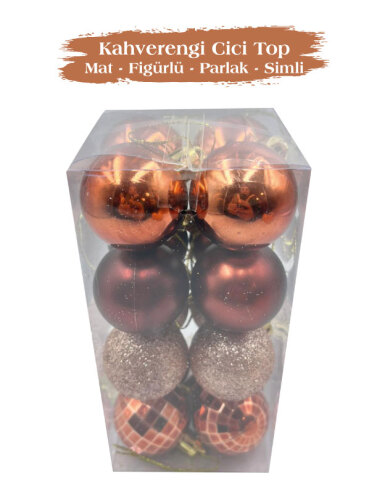 Yılbaşı Top Süs 4 Cm 16 Parça Karışık Desenli Kahverengi - 2