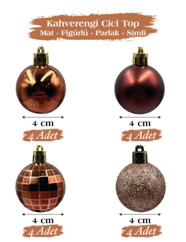 Yılbaşı Top Süs 4 Cm 16 Parça Karışık Desenli Kahverengi - 1