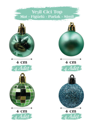 Yılbaşı Top Süs 4 Cm 16 Parça Karışık Desenli Yeşil - 1