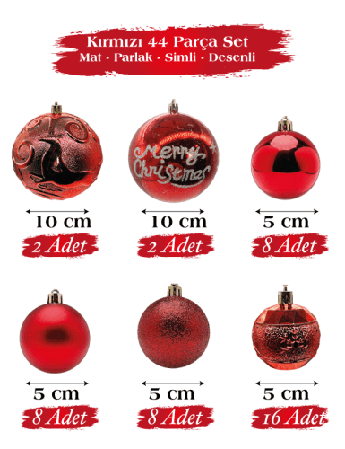 Yılbaşı Top Süs 44 Parça Set Kırmızı - 1