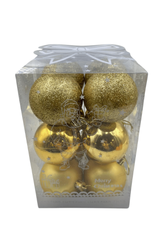 Yılbaşı Top Süs 6 Cm 12 Parça Mat Simli Kabartmalı Altın - 1