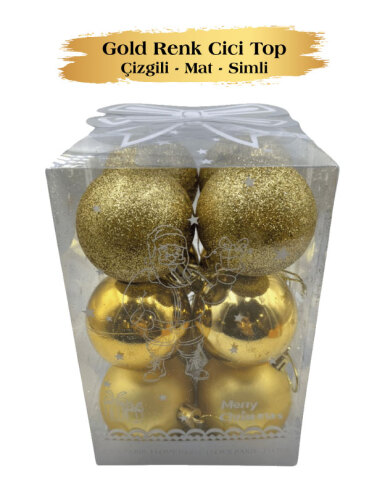 Yılbaşı Top Süs 6 Cm 12 Parça Mat Simli Kabartmalı Altın - 2