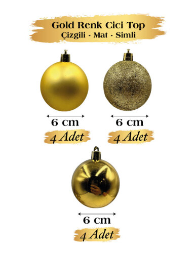 Yılbaşı Top Süs 6 Cm 12 Parça Mat Simli Kabartmalı Altın - 1