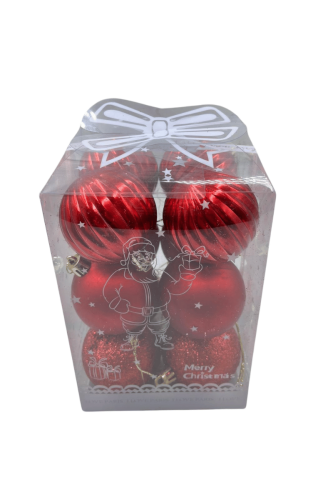 Yılbaşı Top Süs 6 Cm 12 Parça Mat Simli Kabartmalı Kırmızı - 1