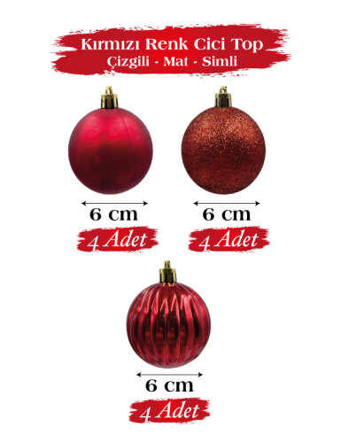 Yılbaşı Top Süs 6 Cm 12 Parça Mat Simli Kabartmalı Kırmızı - 1