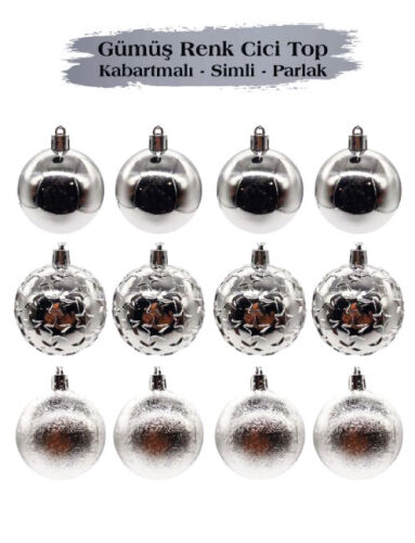 Yılbaşı Top Süs 6 Cm 12 Parça Parlak Kabartmalı Gümüş - 