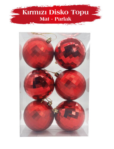Yılbaşı Top Süs 6 cm 6 Parça Mat Parlak Disko Topu Kırmızı - 2