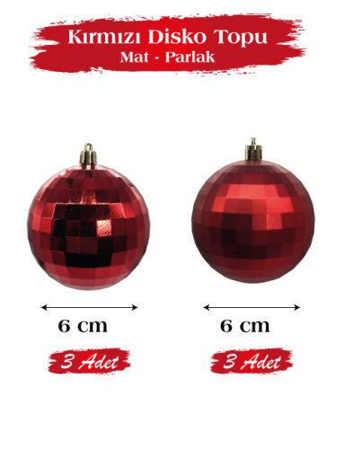 Yılbaşı Top Süs 6 cm 6 Parça Mat Parlak Disko Topu Kırmızı - 3
