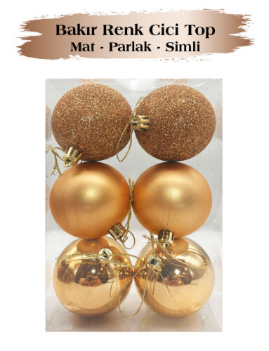 Yılbaşı Top Süs 6 Cm 6 Parça Mat Parlak Simli Bakır - 2