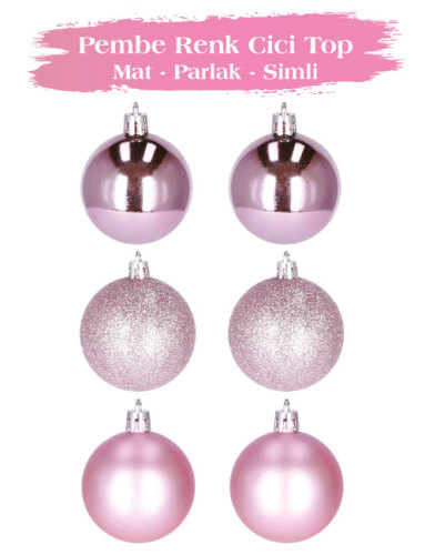 Yılbaşı Top Süs 6 Cm 6 Parça Mat Parlak Simli Pembe - 1