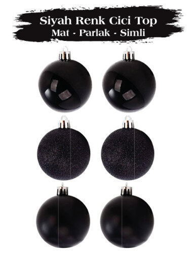 Yılbaşı Top Süs 6 Cm 6 Parça Mat Parlak Simli Siyah - 1