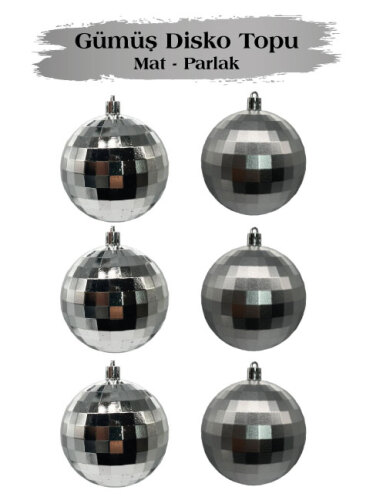 Yılbaşı Top Süs 8 cm 6 Parça Mat Parlak Disko Topu Gümüş - 1