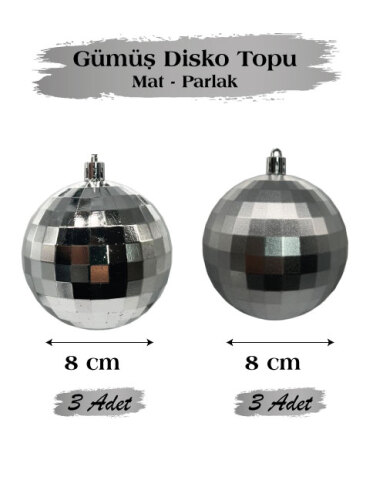 Yılbaşı Top Süs 8 cm 6 Parça Mat Parlak Disko Topu Gümüş - 3