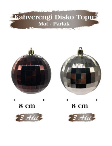 Yılbaşı Top Süs 8 cm 6 Parça Mat Parlak Disko Topu Kahverengi - 3