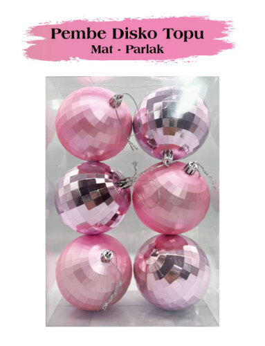 Yılbaşı Top Süs 8 cm 6 Parça Mat Parlak Disko Topu Pembe - 2