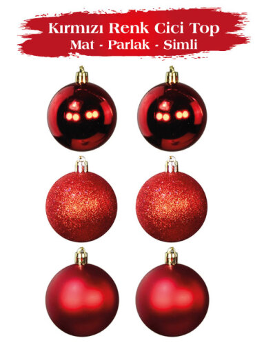 Yılbaşı Top Süs 8 Cm 6 Parça Mat Parlak Simli Kırmızı - 1