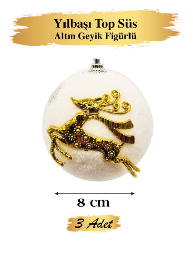 Yılbaşı Top Süs 8 cm Altın Geyik Figürlü 3 Parça - 